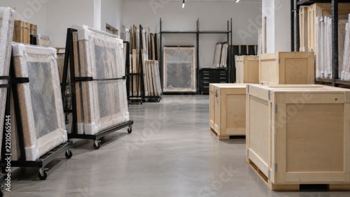 Organized Art Gallery Storage Room with Wrapped Frames and Transport Crates