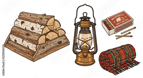 Vintage camping gear vector set, outdoor adventure equipment elements, retro oil lantern firewood matchbox blanket illustration