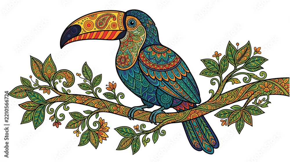 Obraz premium Intricate Ornate Toucan Bird Illustration with Colorful Mandala and Zentangle Patterns Perched on a Branch, Isolated on White Background