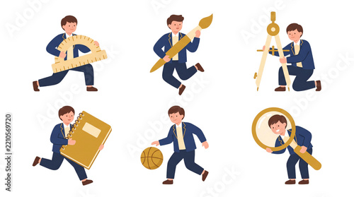 Six Businessmen Engaged in Diverse Activities with Tools.