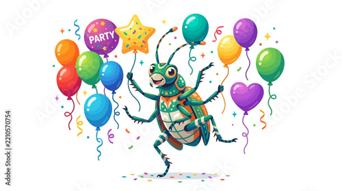 Happy Cartoon Beetle Character with Party Balloons and Confetti