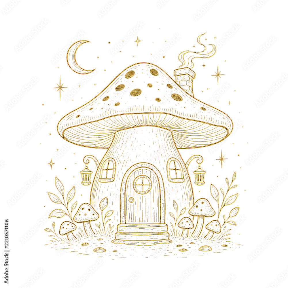 Obraz premium PNG Whimsical golden mushroom house illustration