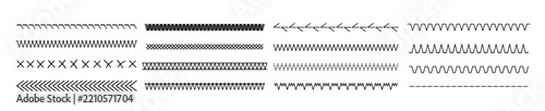 Embroidery vector stitch patterns with geometric lines and borders. Vector textile design elements featuring decorative stitched edges, cross-stitch dividers, and seamless sewing motifs.