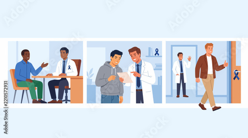 Colorectal cancer screening with doctor consultation, diverse men and positive medical checkup journey, flat vector illustration