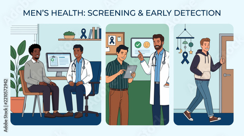Colorectal cancer screening consultation, diverse men with doctor checkup and positive health outcome, awareness ribbon triptych vector illustration