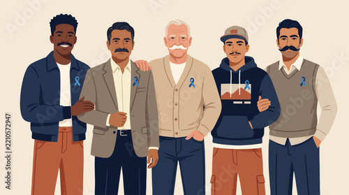 Men’s health awareness diverse group, mustache portraits, male wellness campaign flat vector illustration with blue ribbon symbols and copy space