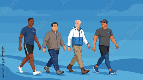 Prostate cancer awareness, diverse men walking together with blue ribbon, active group healthcare campaign vector illustration, copy space