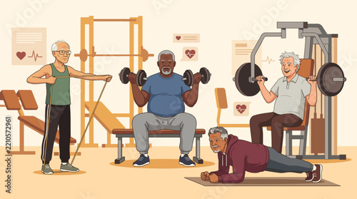 Senior men strength training group, diverse older adults exercising in gym with weights and resistance bands, active aging fitness vector illustration