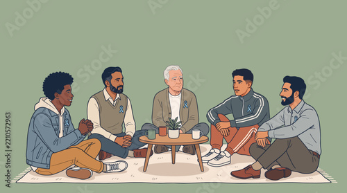 Men's mental health awareness support group, diverse male friends sitting together in circle, emotional openness and mutual support, contemporary flat vector