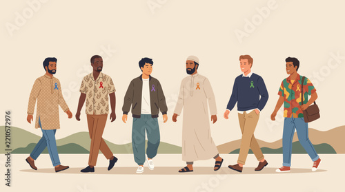 Global men's health awareness walk, multicultural group of diverse men walking together with awareness ribbons, community campaign banner