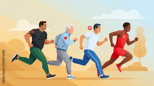 Men's heart health running group, diverse male runners exercising together, cardiovascular wellness awareness flat vector illustration with copy space
