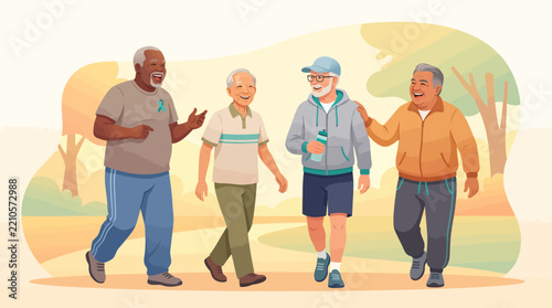 Diabetes management senior men group exercise, diverse elderly friends walking outdoors, diabetes awareness and active aging flat vector illustration with copy space.