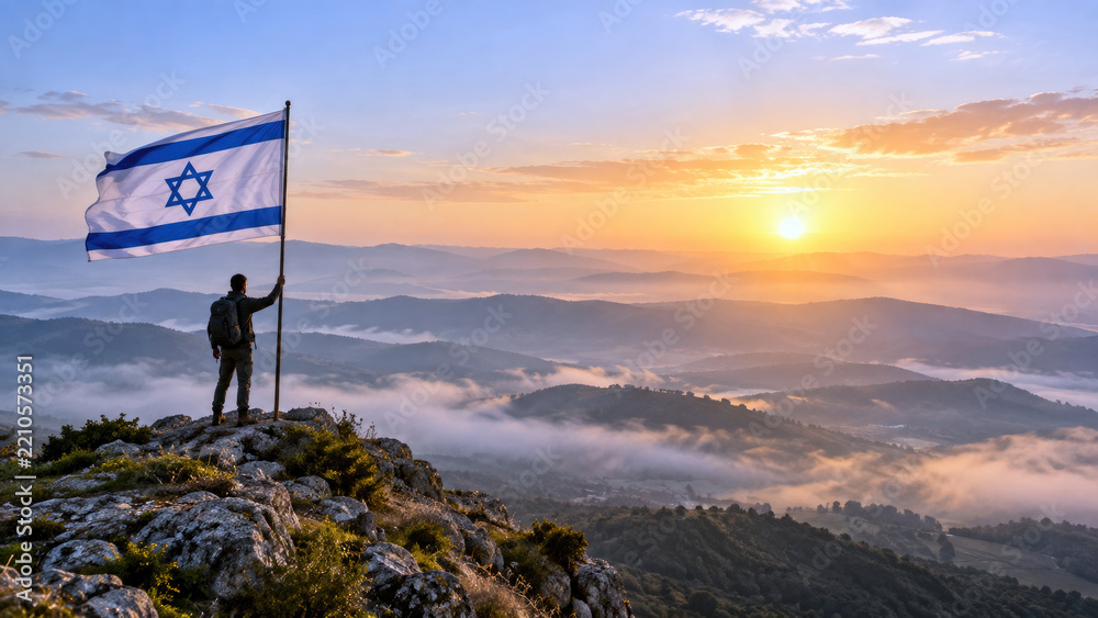 Fototapeta premium Person with Israeli flag on a misty hilltop at sunrise