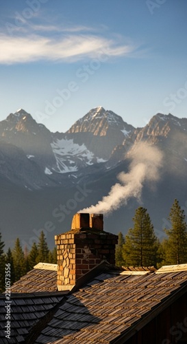 Thin stream of smoke rising from a chimney with majestic mountains in the distance