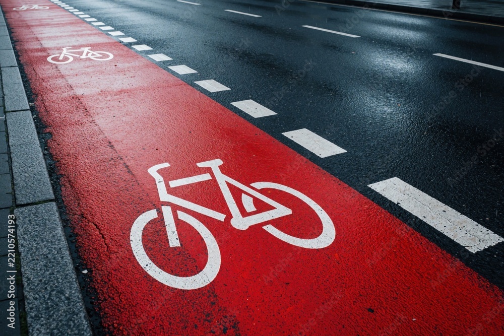 Obraz premium Red bicycle lane with white bike symbol on wet asphalt road. Urban street markings guide cyclists through city traffic. Safety infrastructure for active transport, eco mobility in modern town.