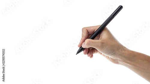 Close up of human hand holding black stylus pen writing drawing isolated on transparent background