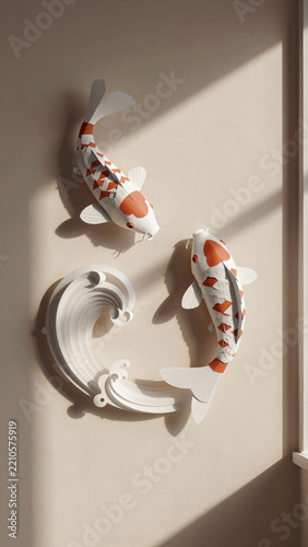 Vertical 3D paper sculpture koi fish jumping from wave