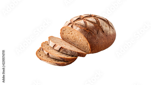 Fotografie Freshly baked crusty loaf of artisanal bread sliced isolated on transparent back