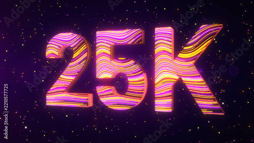 Large perspective view of a futuristic 3D 25K number featuring vibrant purple, yellow, and magenta flowing lines, luminous edges, and glowing particles against a dark cosmic background.