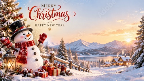 Snowman in Winter Landscape With Presents and Holiday Greeting During Sunset