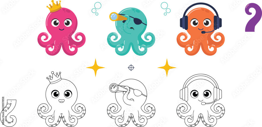 Obraz premium Cute Octopus Vector Character Set with Matching Line Art Coloring Book Pages Featuring Pirate King and Gamer Octopuses for Kids Activity Designs