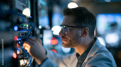 Faceless young male technician in a lab coat and safety glasses installing components in a server rack surrounded by glowing monitors and cables, with copy space