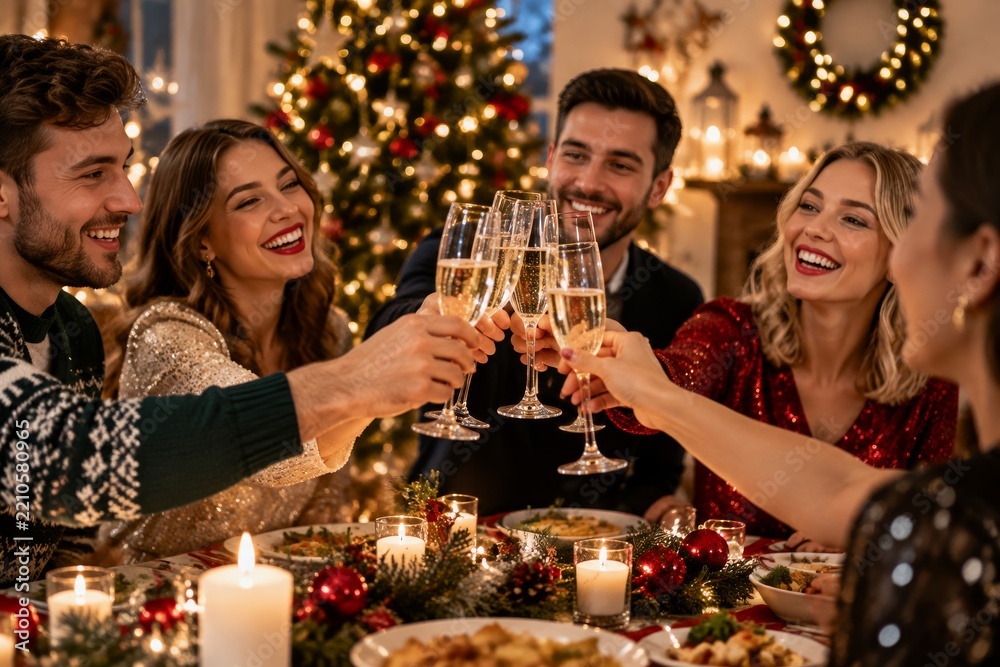 Obraz premium Friends Celebrate Together During a Holiday Gathering With Drinks and Food