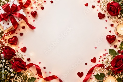 Decorative Arrangement of Roses, Hearts, and Gifts for a Celebration