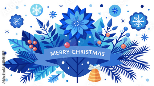 Winter background with Christmas tree branches, blue flowers, snowflakes. Merry Christmas banner template. Vector design of christmas elements for greeting card, cover, social media post. vector
