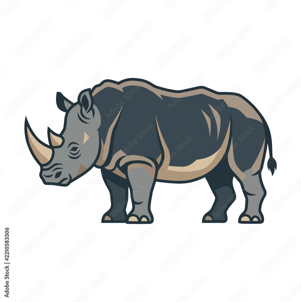 Fototapeta premium Sturdy Rhinoceros Flat Vector Illustration - Side Profile of a Wild African Rhino Icon Isolated on White Background for Wildlife and Conservation