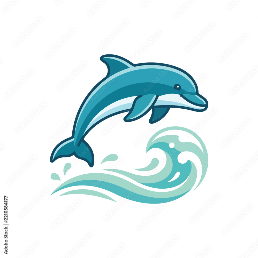 Fototapeta premium Modern Flat Vector Icon of a Joyful Blue Dolphin Jumping Over an Ocean Wave Splash, Minimalist Marine Animal Illustration Isolated on White Background