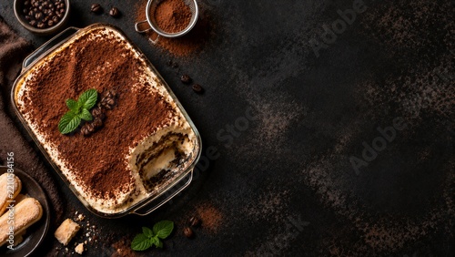 Tiramisu Dessert on Dark Background With Coffee Beans and Mint Leaves