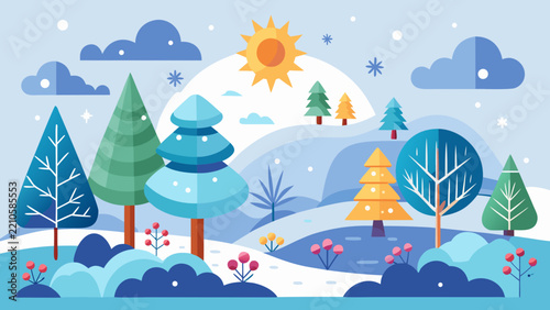 cute winter trees, vector isolated illustration of trees, leaves, fir trees, shrubs, sun, snow and clouds, New Year and Christmas objects and elements of nature to create a landscape .vector