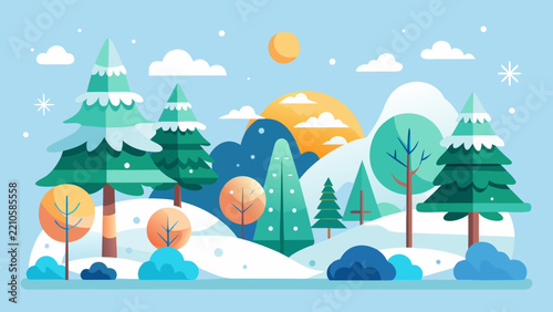 cute winter trees, vector isolated illustration of trees, leaves, fir trees, shrubs, sun, snow and clouds, New Year and Christmas objects and elements of nature to create a landscape .vector