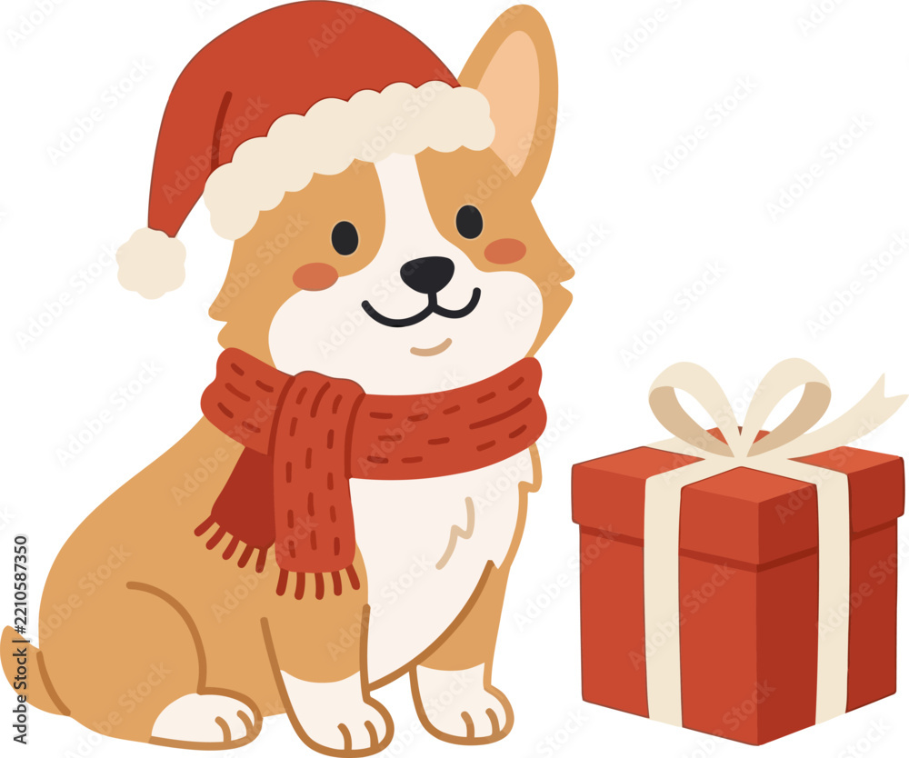 Fototapeta premium Cute Corgi in Christmas Hat Scarf with Red Gift Box Vektor Illustration