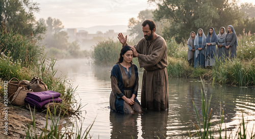 Lydia's baptism by the riverside in Philippi, Acts 16 New Testament biblical scene, early Christian church, Paul's missionary journey, religious illustration