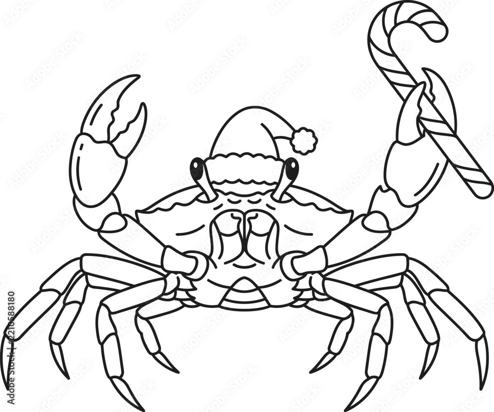Fototapeta premium Crab with candy cane and hat in simple line art vektor style illustration