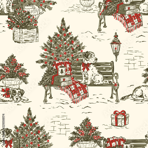 Christmas Toile Seamless Pattern Vintage Sketch Dog Bench Plaid Blanket Tree Winter Holiday Wrapping Paper Textile Vector Background