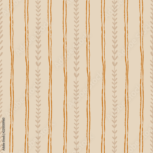 Stripe Seamless Pattern Hand Drawn Lines Leaf Stripes Neutral Boho Rustic Textile Wallpaper Vector Background