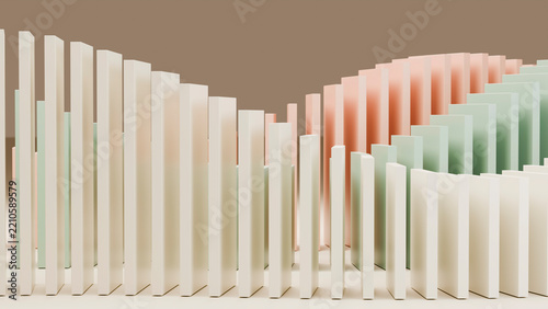 Domino tiles arranged in a sequential falling chain reaction