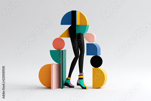 abstract surreal fashion concept, funny contemporary art. Colorful geometric objects and black legs isolated on white background. Modern minimal sculpture 