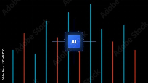 Minimalist digital data visualization motion graphics featuring blue and red vertical bar chart lines on a black background for business and technology concepts.