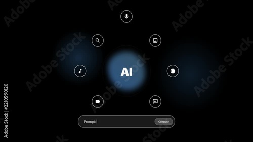 Modern Artificial Intelligence AI concept animation featuring multimedia icons for voice search, imaging, and video generation. Clean 4k motion graphics for tech industry.