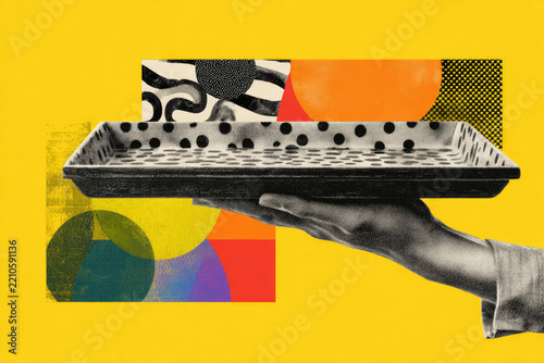 Hand with tray on yellow background. Art collage digital pop modern art.