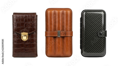 Luxury Leather and Carbon Fiber Cigar Cases Arranged in a Row Against Black Background in Studio Lighting