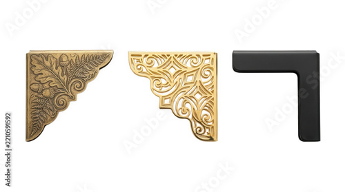 Decorative Corner Brackets and Hardware Protectors in Vintage Brass Filigree Gold and Modern Matte Black on Black Background