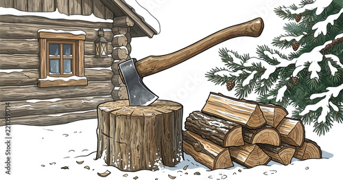 Rustic axe in stump near firewood and log cabin, winter lumberjack illustration vector, wooden house and pine tree, cozy forest background
