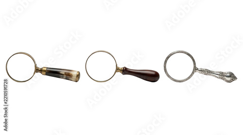 Three Antique Magnifying Glasses with Wooden and Ornate Metal Handles
