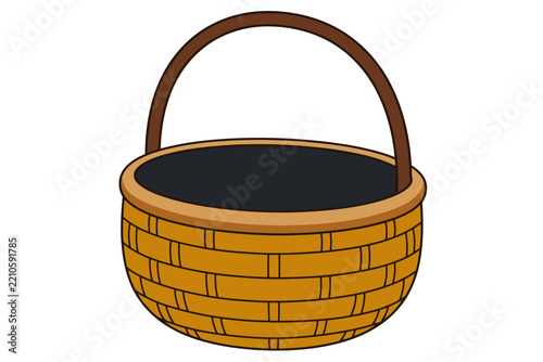 Woven Wicker Picnic Basket Vector Illustration with Arched Handle and Woven Grid Texture