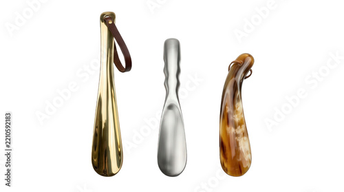 Three Luxury Shoe Horns Made of Brass, Metal, and Horn